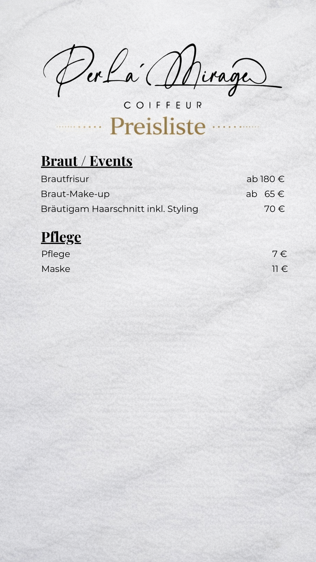 Preisliste Brautfrisur und Event Styling bei PerLa Mirage Coiffeur Friseur in Schweinfurt