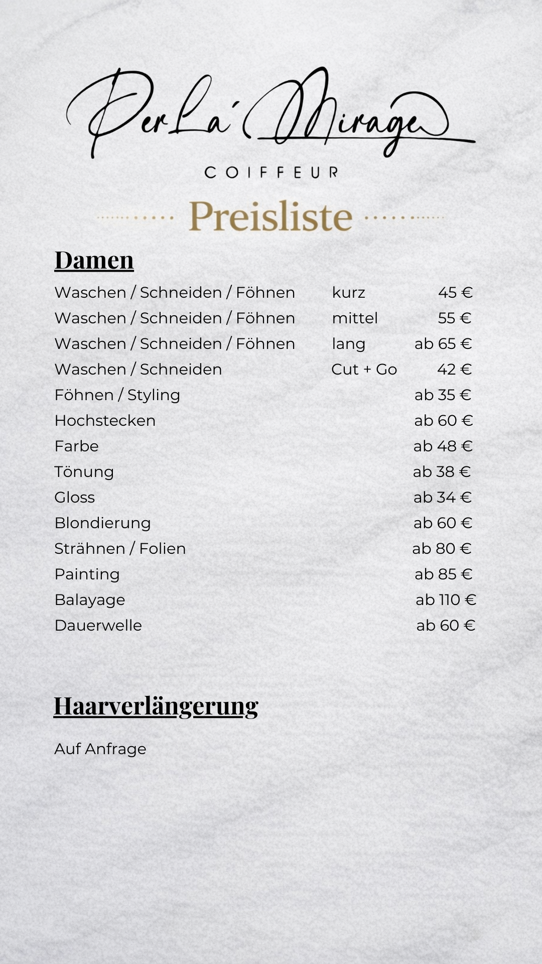 Preisliste Damen beim Damenfriseur PerLa Mirage Coiffeur in Schweinfurt für Haarschnitt, Styling und Haarfarbe
