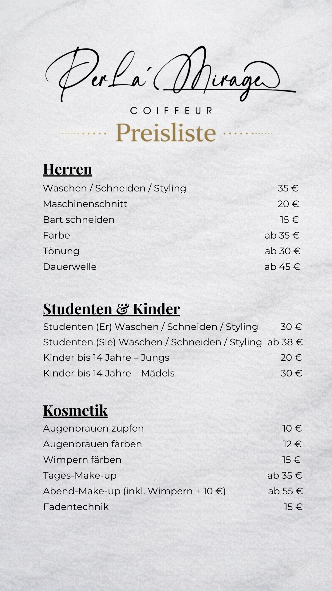Kosmetik Preisliste bei PerLa Mirage Coiffeur in Schweinfurt für Augenbrauen, Wimpern und Make-up